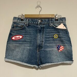 Revice High Rise Relaxed Denim Shorts Size 32 Patch Novelty Retro 60s USA NWT